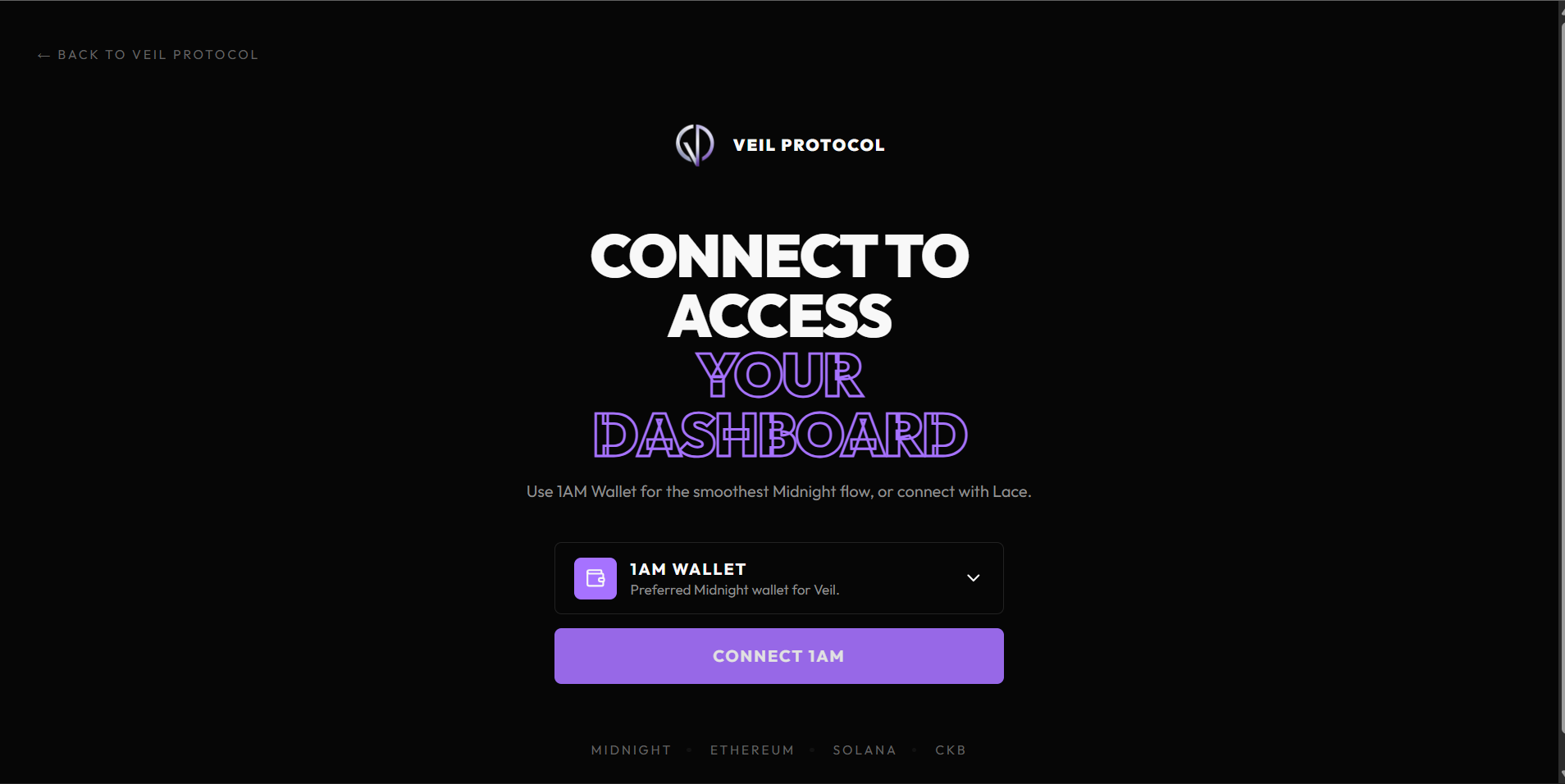 Veil app connect screen showing 1AM Wallet option